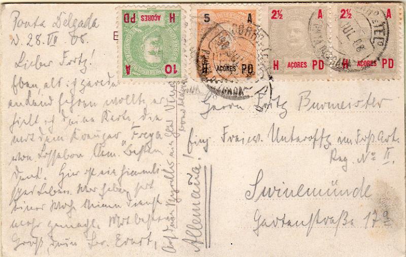 1356.jpg -     Lote:    1356                   Descrição:         1906 &mdash; D. Carlos Mouchon. Postal ilustrado circulado de Ponta Delgada (30.07.08 para a Alemanha, com par de 2 &frac12; reis, 5 reis e 10 reis. CE96/98.        PI       Valor Base:     &euro; 10,00     Valor Venda:     &euro;      