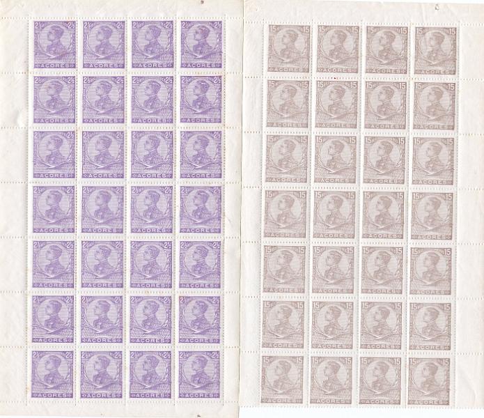 1357.jpg -     Lote:    1357                   Descrição:         1910 &mdash; D. Manuel II. CE107 e 110, 2 &frac12; e 25 reis. Duas folhas completas com 28 selos cada. Valor de catálogo &euro; 56,00.        ***       Valor Base:     &euro; 10,00     Valor Venda:     &euro;      