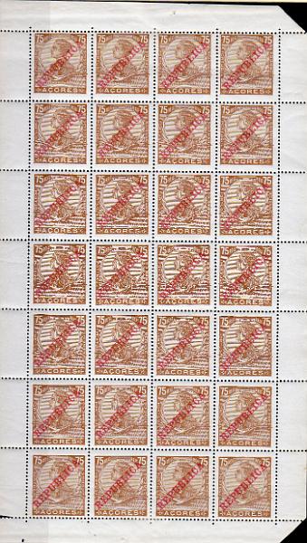 1359.jpg -     Lote:    1359                   Descrição:         191111 &mdash; D. Manuel II, com sobrecarga REPUBLICA. CE128, 75 reis bistre, em papel esmalte. Folha completa com 28 selos. Valor de catálogo &euro; 72,80.        ***       Valor Base:     &euro; 14,00     Valor Venda:     &euro;      