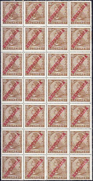 1360.jpg -     Lote:    1360                   Descrição:         191111 &mdash; D. Manuel II, com sobrecarga REPUBLICA. CE130, 100 reis bistre s/ verde, em papel esmalte. Folha completa com 28 selos. Valor de catálogo &euro; 70,00.        ***       Valor Base:     &euro; 14,00     Valor Venda:     &euro;      