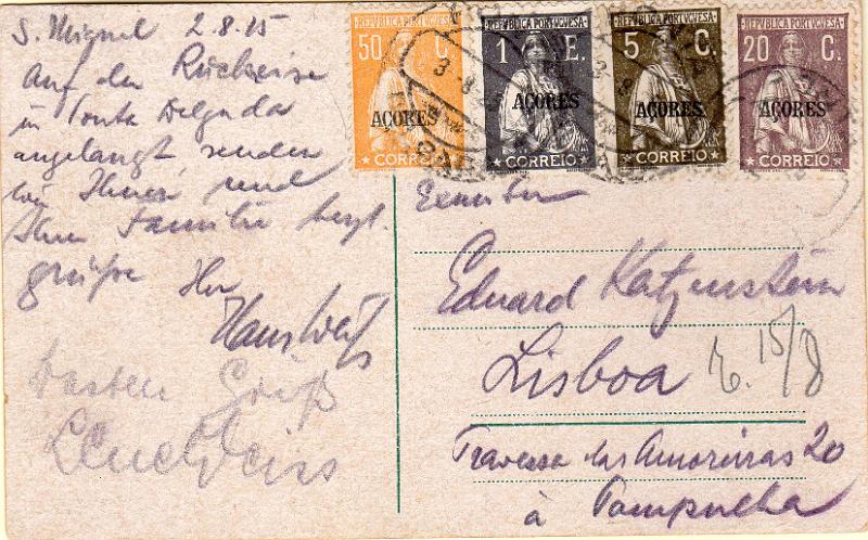 1362.jpg -     Lote:    1362                   Descrição:         1912/24 &mdash; Ceres, com sobrecarga "AÇORES". Postal ilustrado circulado de Ponta Delgada (03.08.25) para Lisboa com selos de 5C, 20C, 50C e 1E, CE170, 180, 184 e 188.        PI       Valor Base:     &euro; 15,00     Valor Venda:     &euro;      