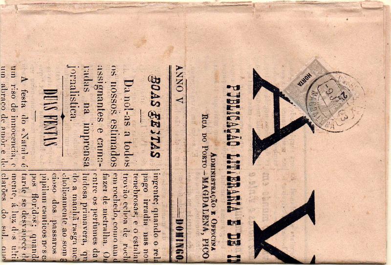 1365.jpg -     Lote:    1365                   Descrição:         1897 &mdash; D. Carlos I Mouchon. CE13, 2 &frac12; reis cinzento em jornal "A Voz", circulado de Madalena (09.01.03) para a Horta. Carimbo CCD batido a preto de "MAGDALENA".        JRN       Valor Base:     &euro; 30,00     Valor Venda:     &euro;      