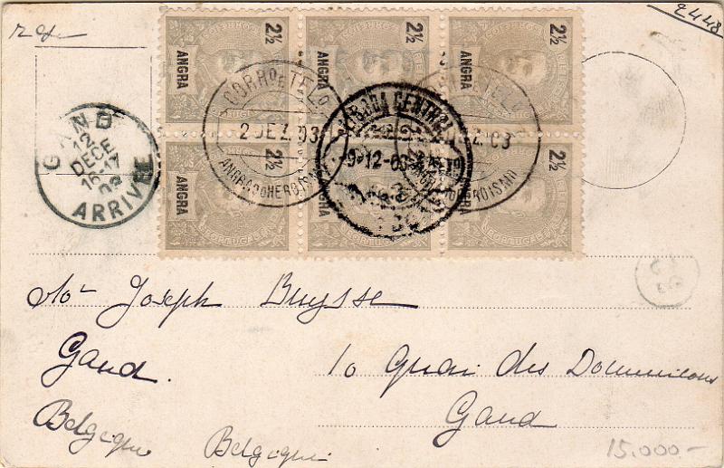 1366.jpg -     Lote:    1366                   Descrição:         1897 &mdash; D. Carlos I, tipo Mouchon. Postal ilustrado circulado de Angra do Heroísmo (02.12.03) para Gand / Bélgica (12.12.03) com trânsito por Lisboa (09.12.03) com bloco de 6 selos de 2 &frac12; reis cinzento. MB.        PI       Valor Base:     &euro; 10,00     Valor Venda:     &euro;      