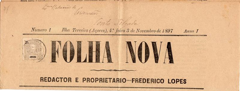 1367.jpg -     Lote:    1367                   Descrição:         1897 &mdash; D. Carlos I Mouchon. CE13, 2 &frac12; reis cinzento sobre jornal "Folha Nova" n.º 1 de 03.11.97 circulado de Angra do Heroísmo (19.11.97) para Ponta Delgada.        JRN       Valor Base:     &euro; 20,00     Valor Venda:     &euro;      