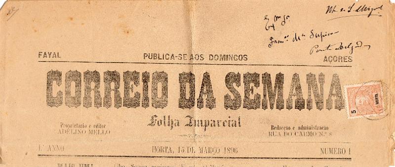 1368.jpg -     Lote:    1368                   Descrição:         1897 &mdash; D. Carlos I Mouchon. CE14, 5 reis laranja sobre jornal "Correio da Semana" n.º 1 de 15.03.96 circulado da Horta (16.01.97) para Ponta Delgada.        JRN       Valor Base:     &euro; 20,00     Valor Venda:     &euro;      