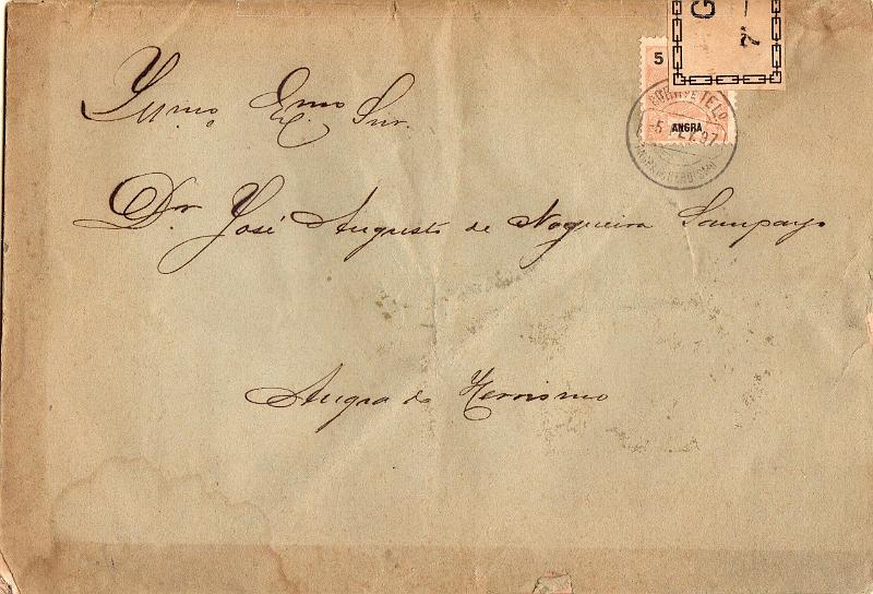 1369.jpg -     Lote:    1369                   Descrição:         1897 &mdash; D. Carlos I Mouchon. CE14, 5 reis laranja sobre opúsculo "A Revolta das Sanguessugas", circulado em Angra do Heroísmo (05.02.97).        IMP       Valor Base:     &euro; 15,00     Valor Venda:     &euro;      
