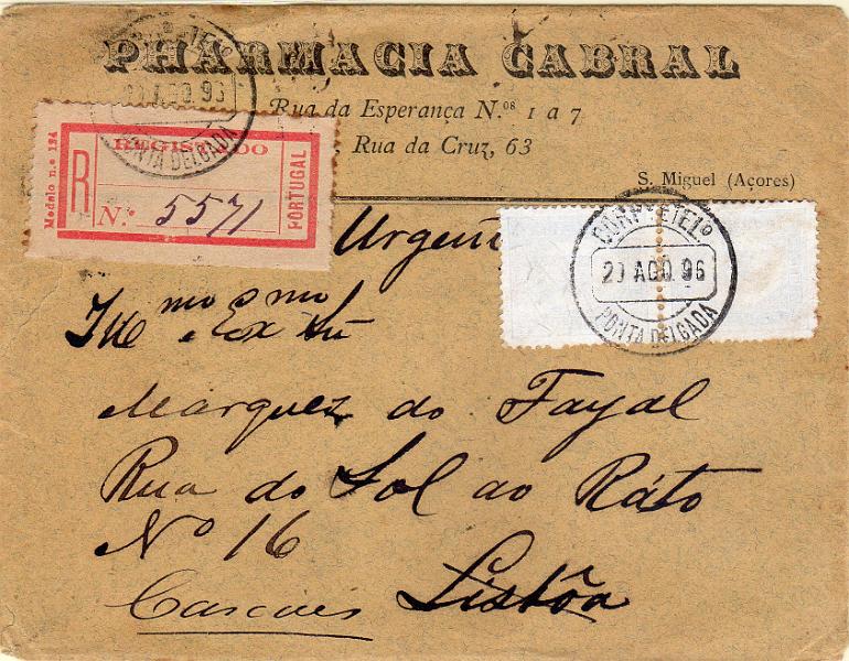 1371.jpg -     Lote:    1371                   Descrição:         1892/93 &mdash; D. Carlos I tipo Diogo Neto. Sobrescrito circulado registado de Ponta Delgada (20.08.96) para Lisboa (07.09.96) e reendereçado para Cascais (07.09.96) com par de selos de 50 reis azul claro CE6. MB.        Carta       Valor Base:     &euro; 25,00     Valor Venda:     &euro;      