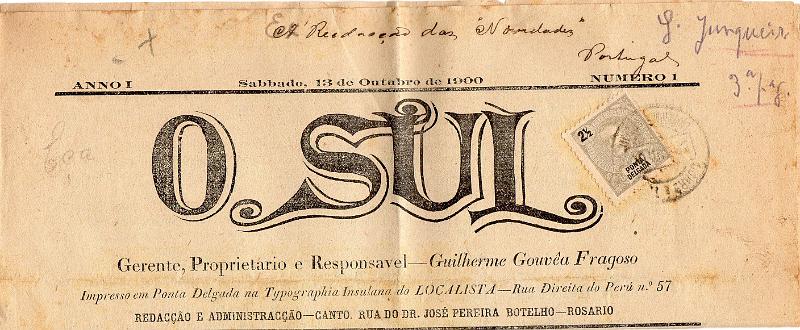1372.jpg -     Lote:    1372                   Descrição:         1897 &mdash; D. Carlos I Mouchon. CE13, 2 &frac12; reis cinzento sobre jornal "O Sul" n.º 1 de 13.10.1900, circulado de Ponta Delgada (20.10,00) para Lisboa (26.10,00).        JRN       Valor Base:     &euro; 20,00     Valor Venda:     &euro;      