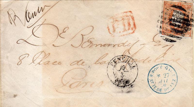 1373.jpg -     Lote:    1373                   Descrição:         1868 &mdash; D. Luís I. Fita curva, não denteados. CE3, 80 reis laranja em sobrescrito circulado do Funchal (19.05.1870) para Paris (27.05.70) com trânsito por Paris (23.05.70).        Carta       Valor Base:     &euro; 75,00     Valor Venda:     &euro;      