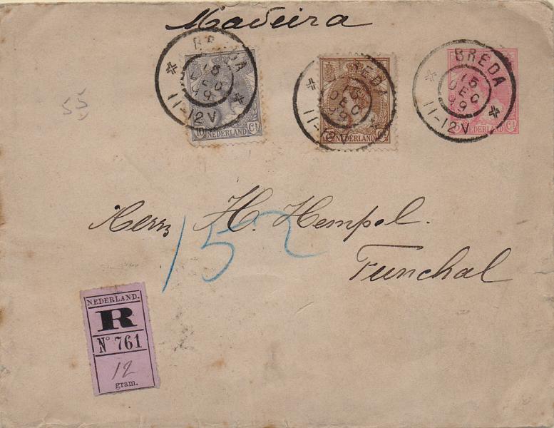 1378.jpg -     Lote:    1378                   Descrição:         Madeira * Incoming mail &mdash; Sobrescrito com selos adicionais, circulado registado da Holanda para o Funchal (20.12.99).        IC       Valor Base:     &euro; 20,00     Valor Venda:     &euro;      