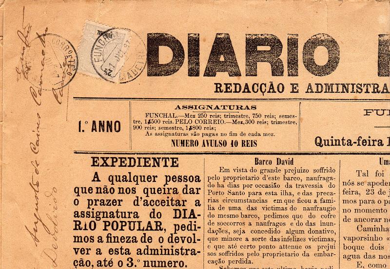 1380.jpg -     Lote:    1380                   Descrição:         1897 &mdash; D. Carlos I Mouchon. CE13, 2 &frac12; reis cinzento sobre jornal "Diário Popular" n.º 1 de 1 de Julho de 1897, circulado do Funchal (01.07.97) para Caniço (04.07.97). Carimbo circular datado de "CANIÇO". MR.        JRN       Valor Base:     &euro; 30,00     Valor Venda:     &euro;      