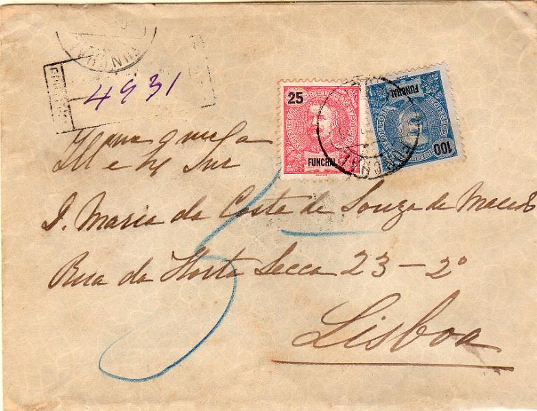 1382.jpg -     Lote:    1382                   Descrição:         1897 &mdash; D. Carlos I Mouchon. Sobrescrito circulado registado do Funchal para Lisboa (11.03.06) com selos de 25 e 100 reis CE22 e 28.        Carta       Valor Base:     &euro; 20,00     Valor Venda:     &euro;      