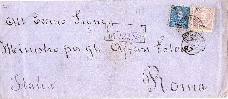1383.jpg -     Lote:    1383                   Descrição:         1897 &mdash; D. Carlos i tipo Mouchon. Sobrescrito circulado registado do Funchal (24.08.1901) para Roma (02.09.01) com trânsito por Londres (30.08.01), com selos de 80 e 100 reis CE2&frac12;2. MB.        Carta       Valor Base:     &euro; 30,00     Valor Venda:     &euro;      
