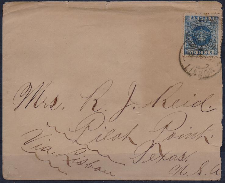 1386.jpg -     Lote:    1386                   Descrição:         1881/85 &mdash; Tipo Coroa. CE14, 50 reis azul, denteado 13 &frac12;, em sobrescrito lançado a bordo do paquete S. Tomé que saiu de Luanda a 13.01.88 e chegou a Lisboa a 13.02.88 com destino ao Texas / EUA (29.02.88) com trânsito por New York (28.02.88). Por ter sido lançado na caixa de correio a bordo do paquete o selo foi obliterado com o carimbo de Lisboa (13.02.88).        Carta       Valor Base:     &euro; 400,00     Valor Venda:     &euro;      