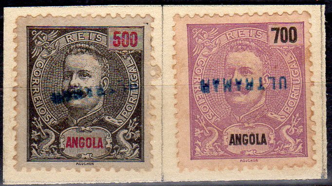 1387.jpg -     Lote:    1387                   Descrição:         1898/1901 &mdash; D. Carlos I Mouchon. CE51/52, 500 e 700 reis. Selos recortados de folha de álbum de coleção de uma Direcção ou Estação de Correios das Colónias, remetidos pela Secretaria de Berna, com sobrecarga a azul "ULTRAMAR", para lhes retirar o poder circulatório. MR.        *       Valor Base:     &euro; 100,00     Valor Venda:     &euro;      