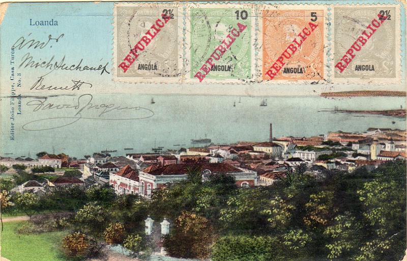 1388.jpg -     Lote:    1388                   Descrição:         1911 &mdash; D. Carlos I Mouchon, com sobrecarga REPUBLICA. Postal ilustrado circulado de Luanda (08.11.11) para Praga (12.12.11) com trânsito por Lisboa (08.12.11) com dois selos de 2 &frac12; reis + 5 reis + 10 reis CE 88/90.        PI       Valor Base:     &euro; 28,00     Valor Venda:     &euro;      