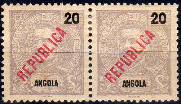 1391.jpg -     Lote:    1391                   Descrição:         1914 &mdash; D. Carlos I, com sobrecarga REPUBLICA local. CE160, 20 reis violeta cinzento. Par com a sobrecarga impressa a vermelho. Não catalogado.        **       Valor Base:     &euro; 20,00     Valor Venda:     &euro;      