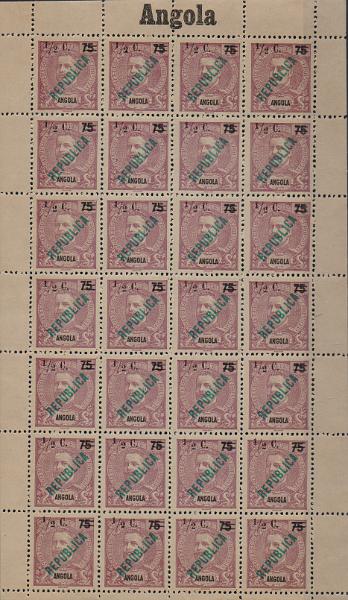 1397.jpg -     Lote:    1397                   Descrição:         1919 &mdash; D. Carlos I Mouchon, com sobrecarga REPUBLICA local e sobretaxa. CE192, &frac12;c s/ 75 reis castanho-violeta. Folha completa com 28 selos, com "2" mais fino e "traço de fração curto. Valor de catálogo &euro; 154,00.        ***       Valor Base:     &euro; 20,00     Valor Venda:     &euro;      