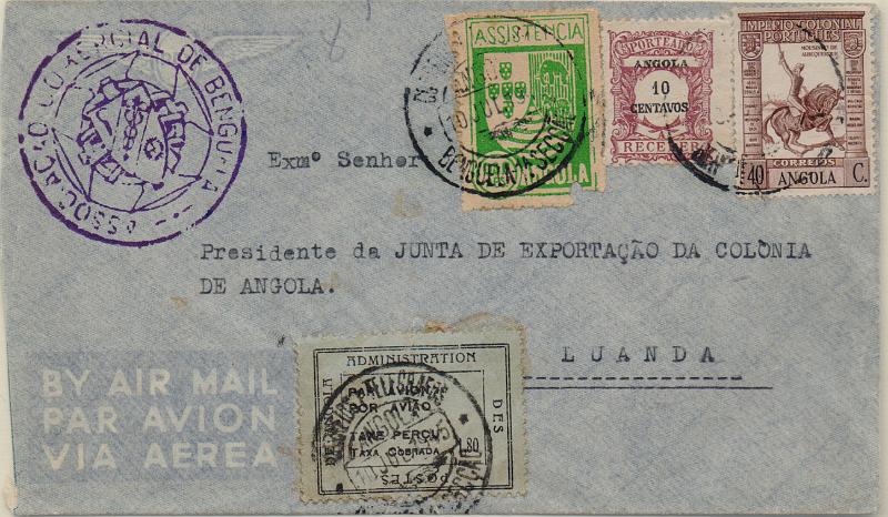 1406.jpg -     Lote:    1406                   Descrição:         1938/45 &mdash; Império Colonial Português + Porteado * Emissão regular + Assistência + Sobretaxa do Correio Aéreo. Sobrescrito circulado de Benguela (10.07.45) para Luanda com selos CE265, POR27 (selo de recurso), IP5 e SCA3.        Carta       Valor Base:     &euro; 15,00     Valor Venda:     &euro;      