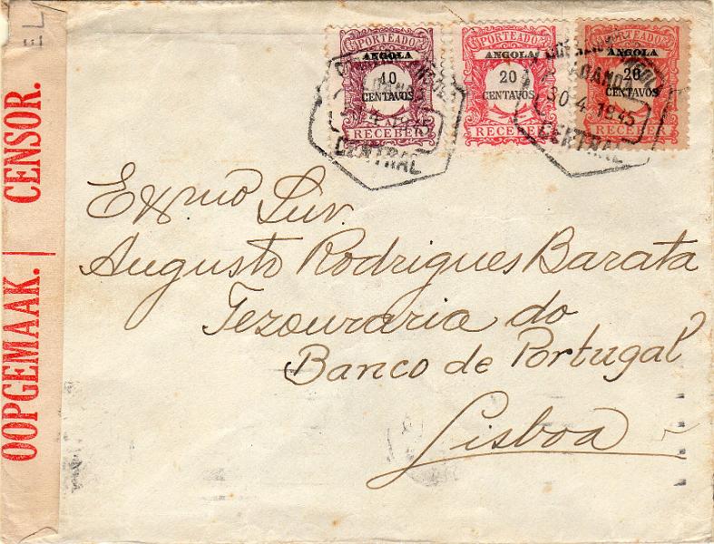 1411.jpg -     Lote:    1411                   Descrição:         1945 &mdash; Porteado. Emissão regular em centavos. Selos de recurso para o correio ordinário. Sobrescrito circulado de Luanda (30.04.45) para Lisboa com selos de 10C e 2x20C CE POR27 e 29. Censurado na África do Sul.        Carta       Valor Base:     &euro; 40,00     Valor Venda:     &euro;      