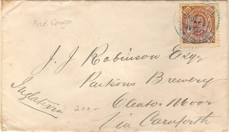 1412.jpg -     Lote:    1412                   Descrição:         1894 &mdash; D. Carlos I tipo Diogo Neto. CE10, 100 reis castanho s/ amarelo em carta circulada de Ambrizete (17.12.95) para Inglaterra, com trânsito por Lisboa (18.01.96). Carimbo batido a azul "CORREIO / DE / AMBRIZETE". MB e MR.        Carta       Valor Base:     &euro; 125,00     Valor Venda:     &euro;      