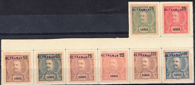 1415.jpg -     Lote:    1415                   Descrição:         1903 &mdash; D. Carlos I Mouchon. CE46/53. Série completa. Selos recortados de folha de álbum de coleção de uma Direcção ou Estação de Correios das Colónias, remetidos pela Secretaria de Berna, com sobrecarga a azul "ULTRAMAR", para lhes retirar o poder circulatório. MR.        *       Valor Base:     &euro; 300,00     Valor Venda:     &euro;      