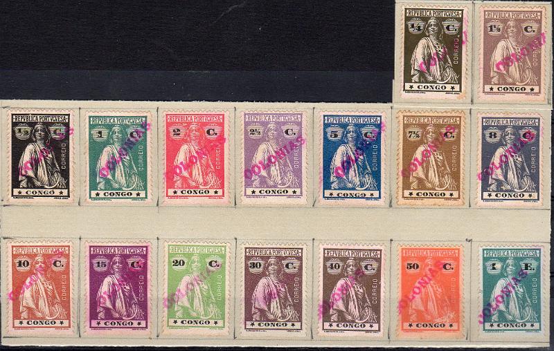 1417.jpg -     Lote:    1417                   Descrição:         1914 &mdash; Ceres. CE99/114. Série completa. Selos recortados de folha de álbum de coleção de uma Direcção ou Estação de Correios das Colónias, remetidos pela Secretaria de Berna, com sobrecarga a azul "COLÓNIAS", para lhes retirar o poder circulatório. MR.        *       Valor Base:     &euro; 500,00     Valor Venda:     &euro;      