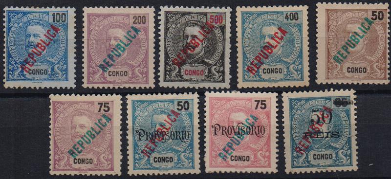 1418.jpg -     Lote:    1418                   Descrição:         1914 &mdash; D. Carlos I, com sobrecarga REPUBLICA local. CE115/123. Série completa. Selo de 500 reis com pequeno defeito. Valor de catálogo &euro; 332,00.        **       Valor Base:     &euro; 60,00     Valor Venda:     &euro;      
