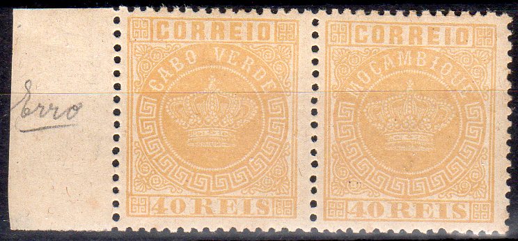 1422.jpg -     Lote:    1422                   Descrição:         1881/85 &mdash; Tipo Coroa. Novas cores. CE13, 40 reis amarelo. Par horizontal, bordo de folha, com um dos selos com o cliché de "MOÇAMBIQUE", em denteado 12 &frac12;. Valor de catálogo &euro; 220,00.        ***       Valor Base:     &euro; 40,00     Valor Venda:     &euro;      