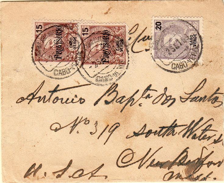 1427.jpg -     Lote:    1427                   Descrição:         1898/1903 &mdash; D. Carlos I Mouchon + idem com sobrecarga "Provisório". Sobrescrito circulado de S. João Baptista (02.09.03) para os EUA com selo de 20 reis CE41 + dois selos de 15 reis CE73. Carimbo batido a preto "S. JOÃO BAPTISTA".        Carta       Valor Base:     &euro; 45,00     Valor Venda:     &euro;      