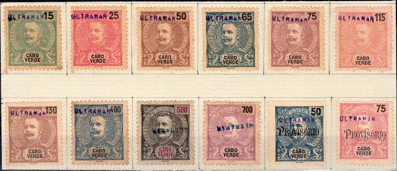 1428.jpg -     Lote:    1428                   Descrição:         1903 &mdash; D. Carlos I Mouchon. CE77/87. Série completa + D. Carlos I Mouchon, com sobrecarga "Provisório", CE75/76. Selos recortados de folha de álbum de coleção de uma Direcção ou Estação de Correios das Colónias, remetidos pela Secretaria de Berna, com sobrecarga a azul "ULTRAMAR", para lhes retirar o poder circulatório. MR.        *       Valor Base:     &euro; 550,00     Valor Venda:     &euro;      
