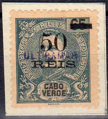 1430.jpg -     Lote:    1430                   Descrição:         1903 &mdash; D. Carlos I Mouchon, com sobretaxa. CE85, 50 s/ 65 reis. Selo recortado de folha de álbum de coleção de uma Direcção ou Estação de Correios das Colónias, remetidos pela Secretaria de Berna, com sobrecarga a azul "ULTRAMAR", para lhes retirar o poder circulatório. MR.        *       Valor Base:     &euro; 45,00     Valor Venda:     &euro;      