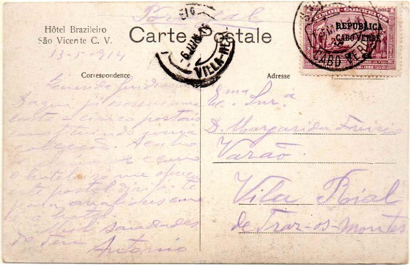 1433.jpg -     Lote:    1433                   Descrição:         1913 &mdash; 4.º Centenário do Descobrimento do Caminho Marítimo para a Índia, com sobrecarga REPUBLICA e sobretaxa sobre selos postais de Timor. CE131, 1c s/ 2 avos em postal circulado de S. Vicente (13.05.14) para Vila Real (06.06.14).        PI       Valor Base:     &euro; 10,00     Valor Venda:     &euro;      