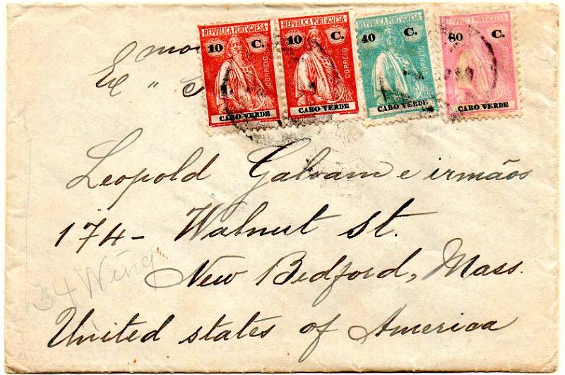 1434.jpg -     Lote:    1434                   Descrição:         1914/26 &mdash; Ceres. Sobrescrito circulado de Mosteiros (06.07.33) para os EUA, com trânsito por S. Filipe (10.07.33) com par de selos de 10c CE148 + 40c 178 + 80c CE180. Carta no interior do sobrescrito. Carimbo batido a preto no verso "S. FILIPE".        Carta       Valor Base:     &euro; 15,00     Valor Venda:     &euro;      