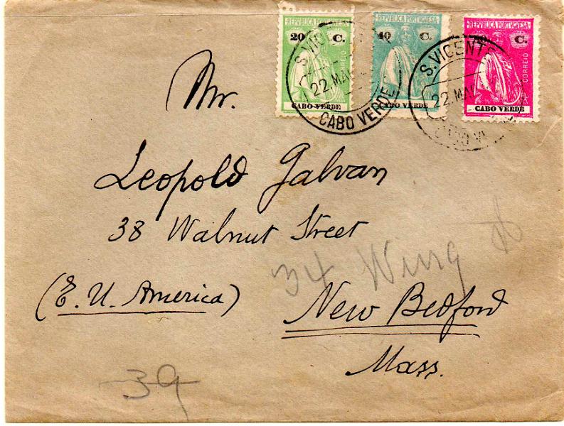 1435.jpg -     Lote:    1435                   Descrição:         1914/26 &mdash; Ceres. Sobrescrito circulado de S. Vicente (22.05.29) para os EUA com selos de 20c CE148, 40c 178 e 80c CE180.        Carta       Valor Base:     &euro; 15,00     Valor Venda:     &euro;      