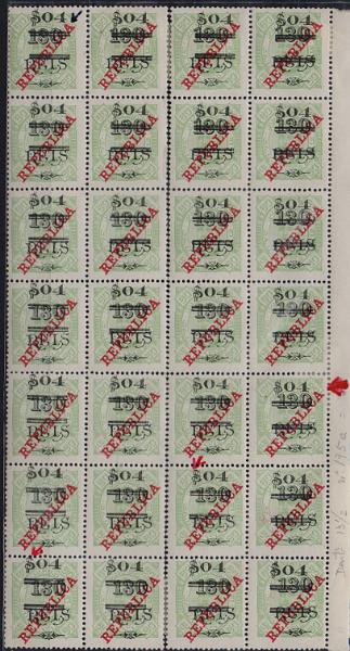 1436.jpg -     Lote:    1436                   Descrição:         1922 &mdash; D. Carlos I, com sobretaxa. CE185, $04 s/ 130 reis s/ 80 reis verde claro. Folha completa com 28 selos. Um selo com cifrão mais pequeno e outro com cifrão partido.        ***/**       Valor Base:     &euro; 80,00     Valor Venda:     &euro;      