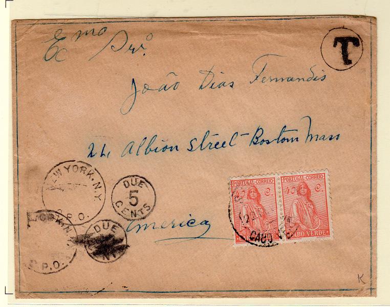 1439.jpg -     Lote:    1439                   Descrição:         1932 &mdash; Ceres filigranado. Sobrescrito circulado de S. Vicente (22.02.35) para Nova York com par de selos de 40C CE205. Por ter insuficiência de porte foi porteado à chegada em 5 cents (selo fixo).        Carta       Valor Base:     &euro; 30,00     Valor Venda:     &euro;      