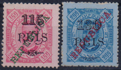 1442.jpg -     Lote:    1442                   Descrição:         1913 &mdash; D. Carlos I tipo Diogo Neto com sobretaxa e sobrecarga REPUBLICA local. Emitidos mas não circulados. Lote de dois selos: CE NC1, 115 s/ 150 reis em denteado 11 &frac12; + CE NC3, 130 s/ 200 reis. Valor de catálogo &euro; 80,00.        *       Valor Base:     &euro; 40,00     Valor Venda:     &euro;      
