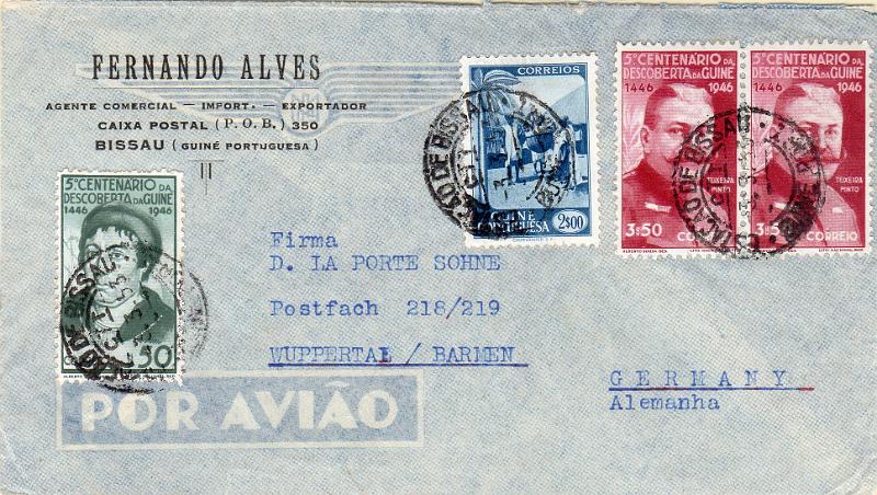 1453.jpg -     Lote:    1453                   Descrição:         1946/48 &mdash; 5.º Centenário da Descoberta da Guiné + Motivos da Guiné. Sobrescrito circulado de Bissau (03.03.53) para a Alemanha, com selos de $50, par de 3$50 e 2$00, CE242, 245 e 257.        Carta       Valor Base:     &euro; 30,00     Valor Venda:     &euro;      