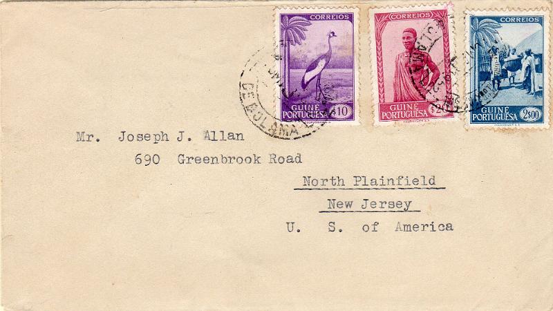1454.jpg -     Lote:    1454                   Descrição:         1948 &mdash; Motivos da Guiné. Sobrescrito circulado de Bolama (10.03.52) para os EUA com selos de $10, $20 e 2$00, CE249, 250 e 257.        Carta       Valor Base:     &euro; 35,00     Valor Venda:     &euro;      