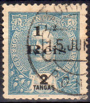 1469.jpg -     Lote:    1469                   Descrição:         1900 &mdash; D. Carlos I Mouchon, com sobretaxa. CE166, 1 &frac12; reis s/ 2 Tangas, azul. Selo com sobrecarga tipo II. Valor de catálogo &euro; 140,00.        O       Valor Base:     &euro; 30,00     Valor Venda:     &euro;      