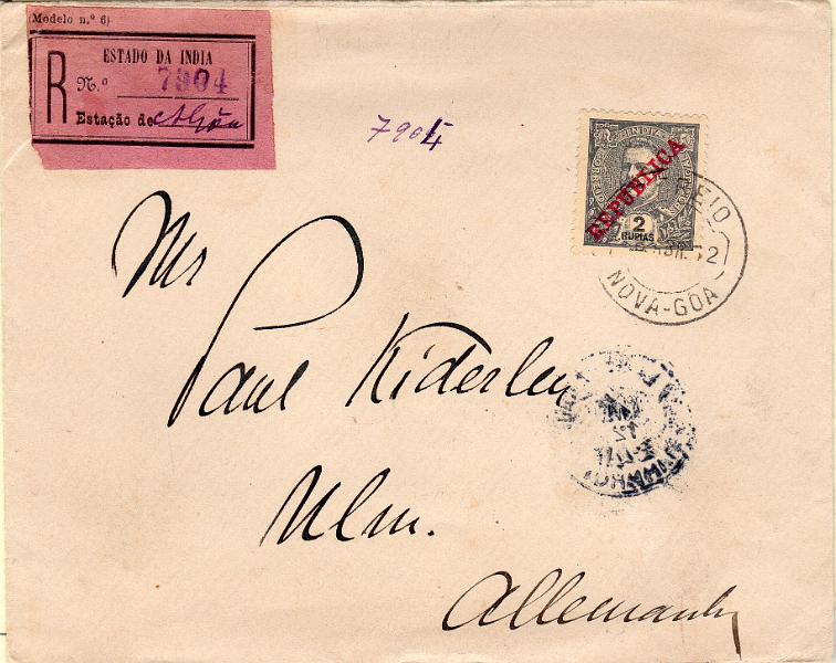 1474.jpg -     Lote:    1474                   Descrição:         1911 &mdash; D. Carlos I Mouchon, com sobrecarga REPUBLICA da Casa da Moeda. Sobrescrito circulado registado de Nova-Goa (08.04.12) para a Alemanha (02.05.12) com selo de 2 Rupias CE215.        Carta       Valor Base:     &euro; 70,00     Valor Venda:     &euro;      