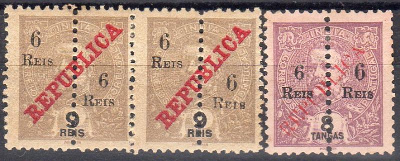 1475.jpg -     Lote:    1475                   Descrição:         1911/14 &mdash; D. Carlos I Mouchon com sobretaxa e perfurados ao meio, e sobrecarga REPUBLICA da Casa da Moeda + idem com sobrecarga REPUBLICA local. Lote composto por par de 6 reis s/ 9 reis CE221, com um dos selos com "6" pequeno e outro com "S" invertido + selo de 6 reis s/ 8 Tangas CE294 com "6" pequeno. Valor de catálogo &euro; 105,00        ***/*       Valor Base:     &euro; 20,00     Valor Venda:     &euro;      