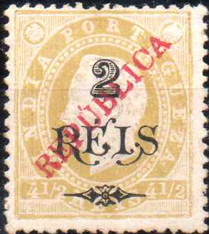 1478.jpg -     Lote:    1478                   Descrição:         1914 &mdash; D. Luís I. Fita direita, sobretaxados em 1902 e com sobrecarga REPUBLICA local. Selo de 2 reis s/ 4 &frac12; reis. NÃO CATALOGADO.        *       Valor Base:     &euro; 15,00     Valor Venda:     &euro;      