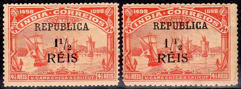 1485.jpg -     Lote:    1485                   Descrição:         1914 &mdash; 4.º Centenário do Descobrimento do Caminho Marítimo para a Índia, com sobrecarga REPUBLICA e sobretaxa. CE305, 1 &frac12; s/ 4 &frac12; reis vermelho. Lote de dois selos: um com "1" de 1 &frac12; espesso e outro com 1 / 12 em vez de 1 &frac12;. Valor de catálogo &euro; 40,00.        **       Valor Base:     &euro; 10,00     Valor Venda:     &euro;      
