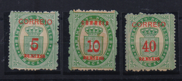1495.jpg -     Lote:    1495                   Descrição:         1887 &mdash; Selos fiscais, com sobretaxa e denteado. CE29/31. Série completa sem bandas.        *       Valor Base:     &euro; 10,00     Valor Venda:     &euro;      