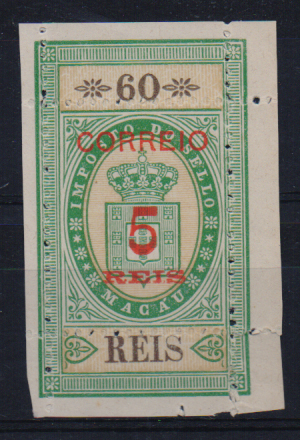 1496.jpg -     Lote:    1496                   Descrição:         1887 &mdash; Selos fiscais, com sobretaxa. CE29, 5 reis s/ 60 reis verde. Valor de catálogo &euro; 150,00.        *       Valor Base:     &euro; 30,00     Valor Venda:     &euro;      
