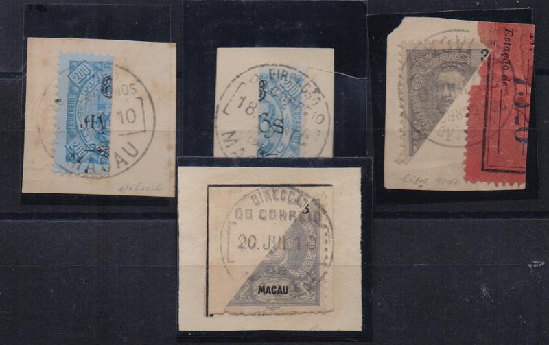 1510.jpg -     Lote:    1510                   Descrição:         1902 &mdash; D. Carlos I com sobretaxa. CE117, 6 avos s/ 200 reis + CE130, 3 avos. Lote de 4 selos bipartidos, com a metade esquerda e metade direita sobre fragmento.        FRG       Valor Base:     &euro; 10,00     Valor Venda:     &euro;      