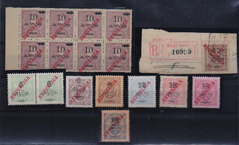 1511.jpg -     Lote:    1511                   Descrição:         1915 &mdash; D. Carlos I, com sobrecarga REPUBLICA da Casa da Moeda. Lote com 17 selos: CE 229, CE231 (par), CE232, CE234 (13 &frac12;, s/ fragmento registado), CE236/9 e CE242 (Bloco 8). Todos novos, exceto fragmento.        */O       Valor Base:     &euro; 20,00     Valor Venda:     &euro;      