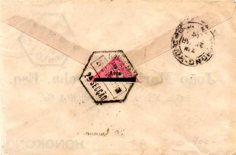 1515.jpg -     Lote:    1515                   Descrição:         1911 &mdash; D. Carlos I, com sobrecarga. Sobrescrito circulado de Macau (24.03.14) para Hong Kong (25.03.14) com metade do selo de 2 avos s/ 4 avos carmim CE145.        Carta       Valor Base:     &euro; 30,00     Valor Venda:     &euro;      